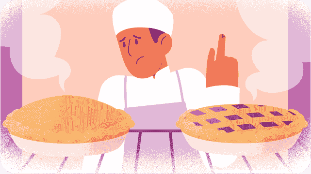 illustration of a bakery worker looking worriedly at two pies